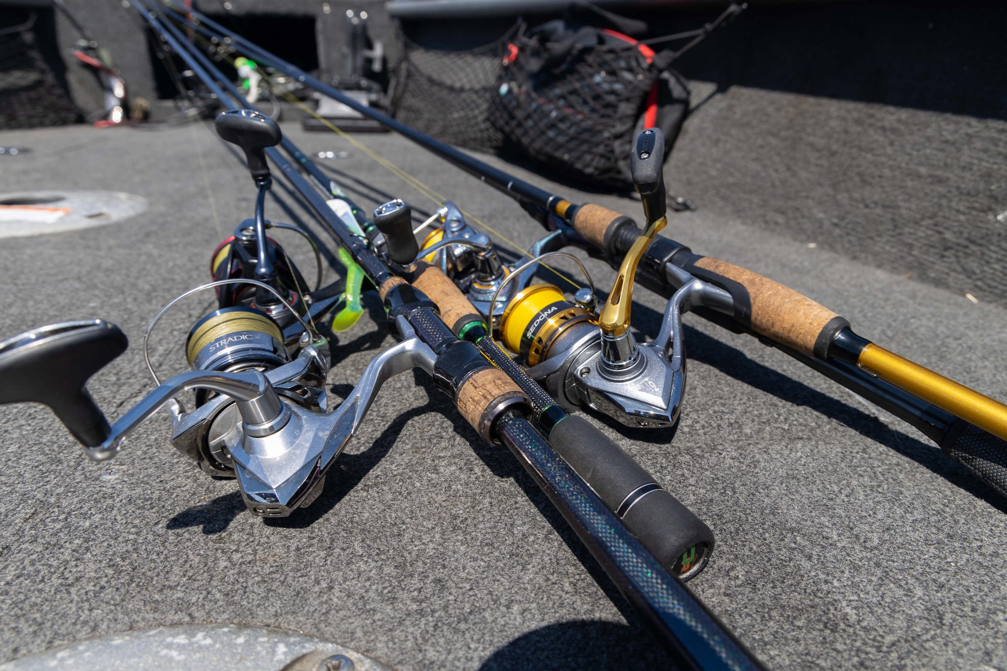 Bottom view of four fishing poles. 