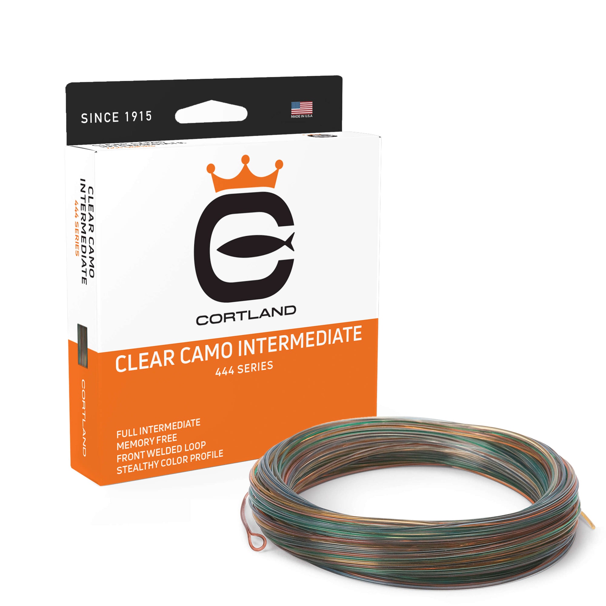 444 Series Clear Camo Intermediate Fly Line and Box. The line is clear camo. The box is black at the top, white in the middle, and orange at the bottom. The Cortland logo is in the center.