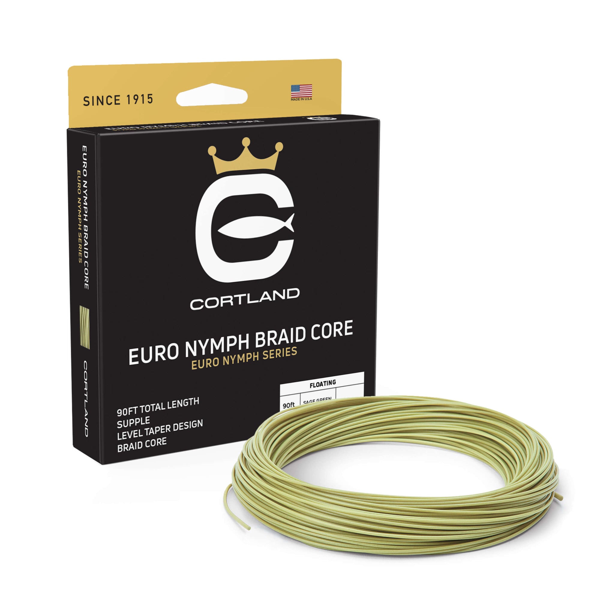 Euro Nymph Braid Core fly line box and coil. The color of the coil is sage green. The box has the Cortland Logo and is black and bronze.