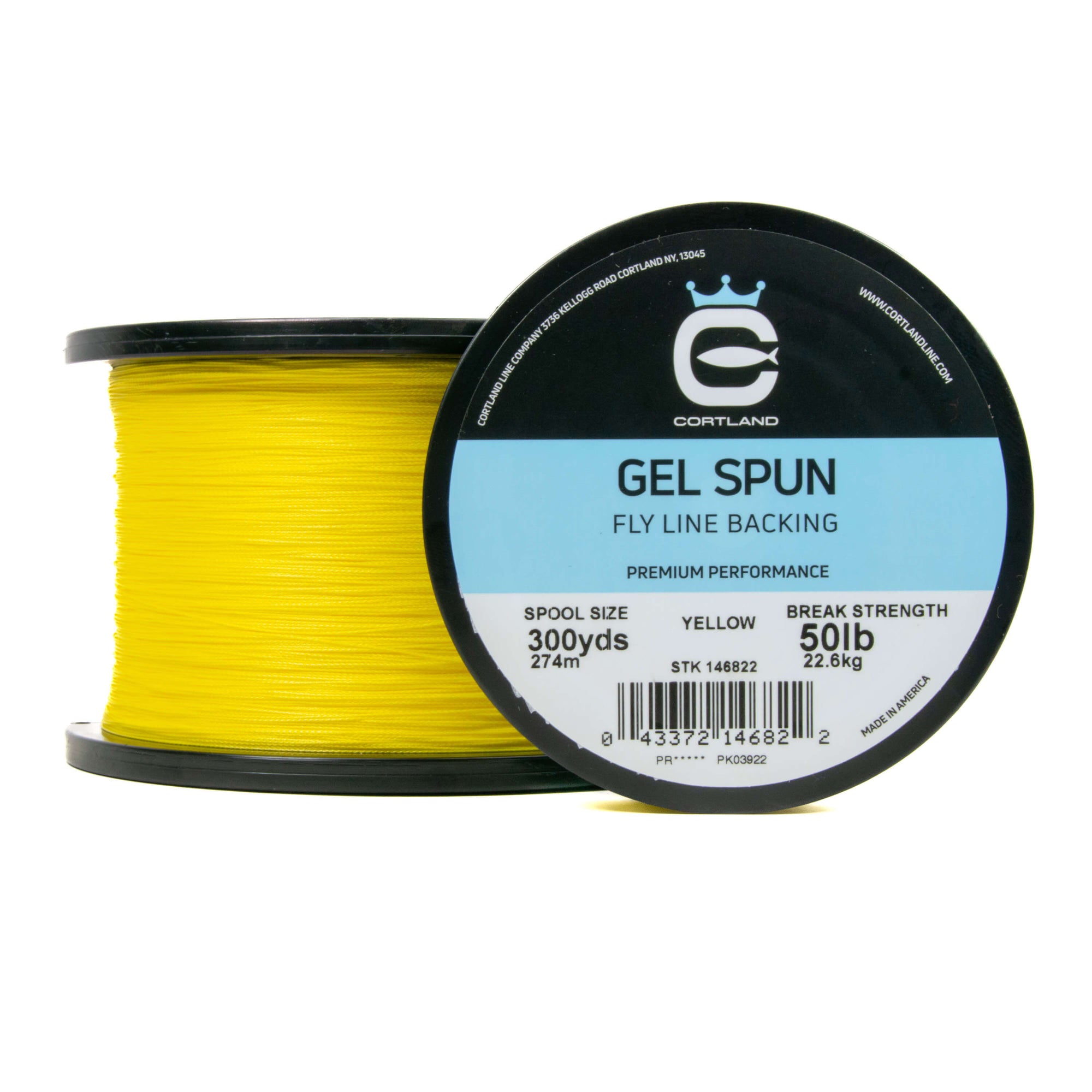 Two spools of Gel Spun Fly Line Backing - Yellow. One spool is facing the camera show casing the logo and packaging. The other is on its side.