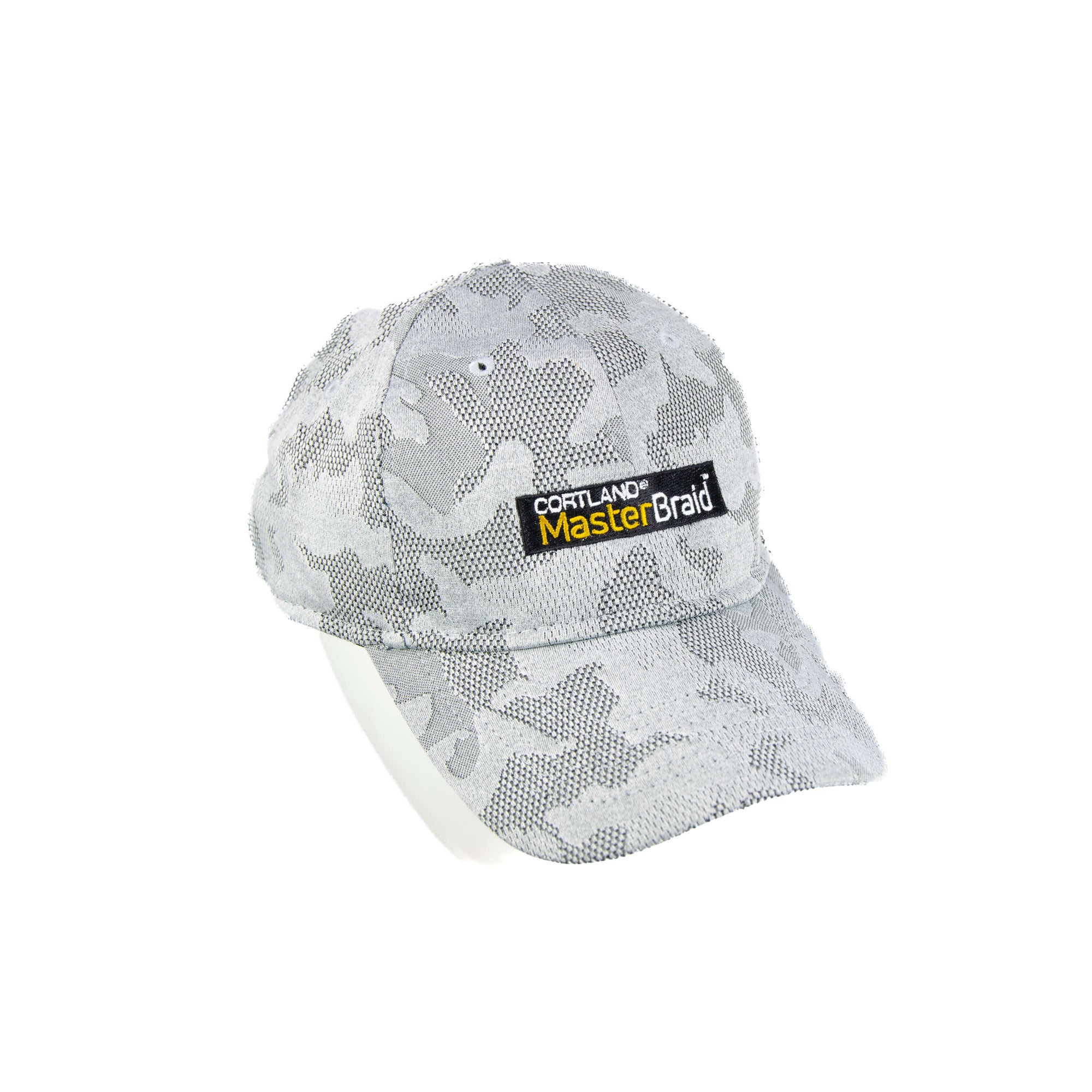 Top View of the Premium Performance Master Braid Cap. The hat is a grey and white camo. The Cortland Master Braid logo is white and yellow, with a black background.