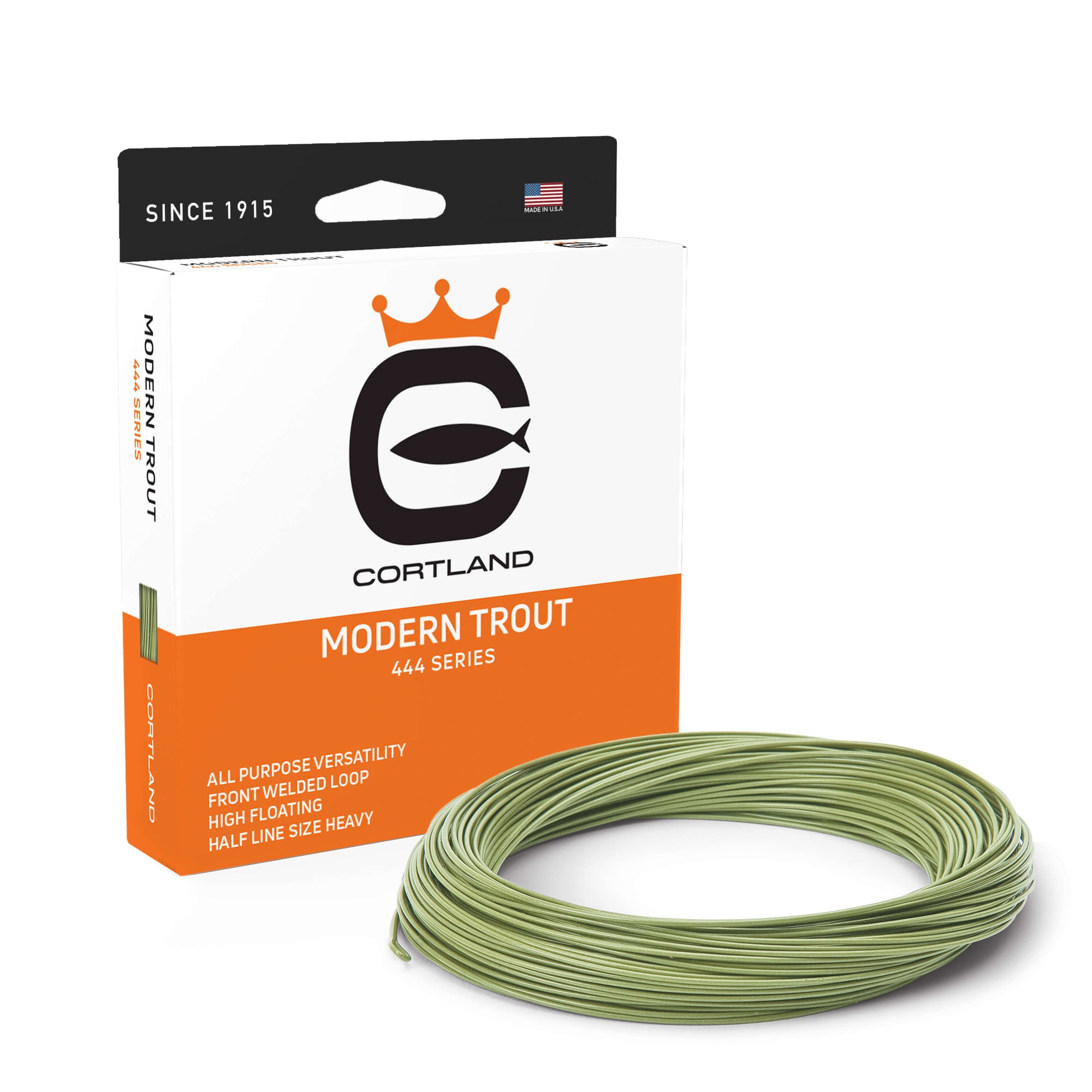 Modern Trout Fly Line Box and coil. The color of the coil is moss green. The box has the Cortland logo and is orange and white.