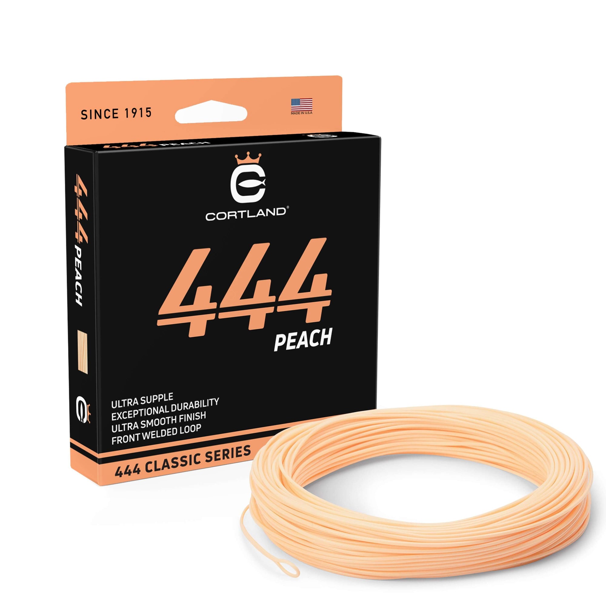 444 Series Peach Fly Line Box and coil. The coil is peach. The box is black and peach. 