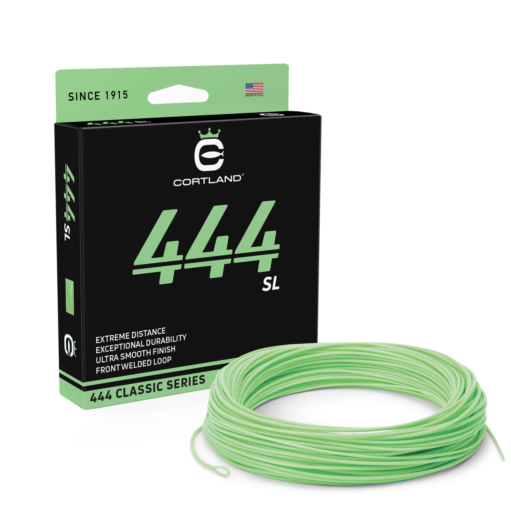 444 Series SL Fly Line Box and coil. The coil is mint green. The box is black and mint green.
