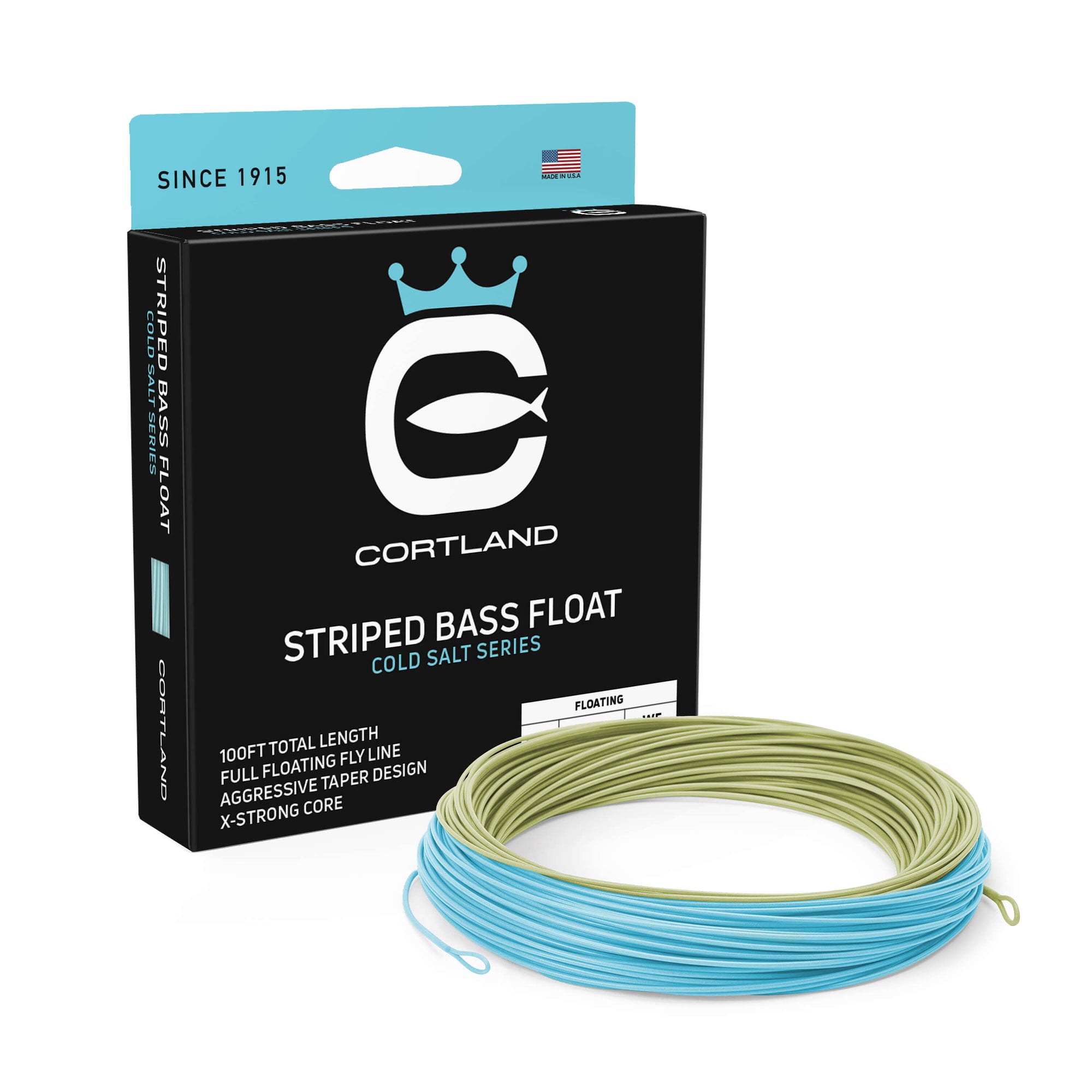 Striped Bass Fly Fishing Line and Box. The line is aqua green and sky blue. The box is black and light blue at the top.
