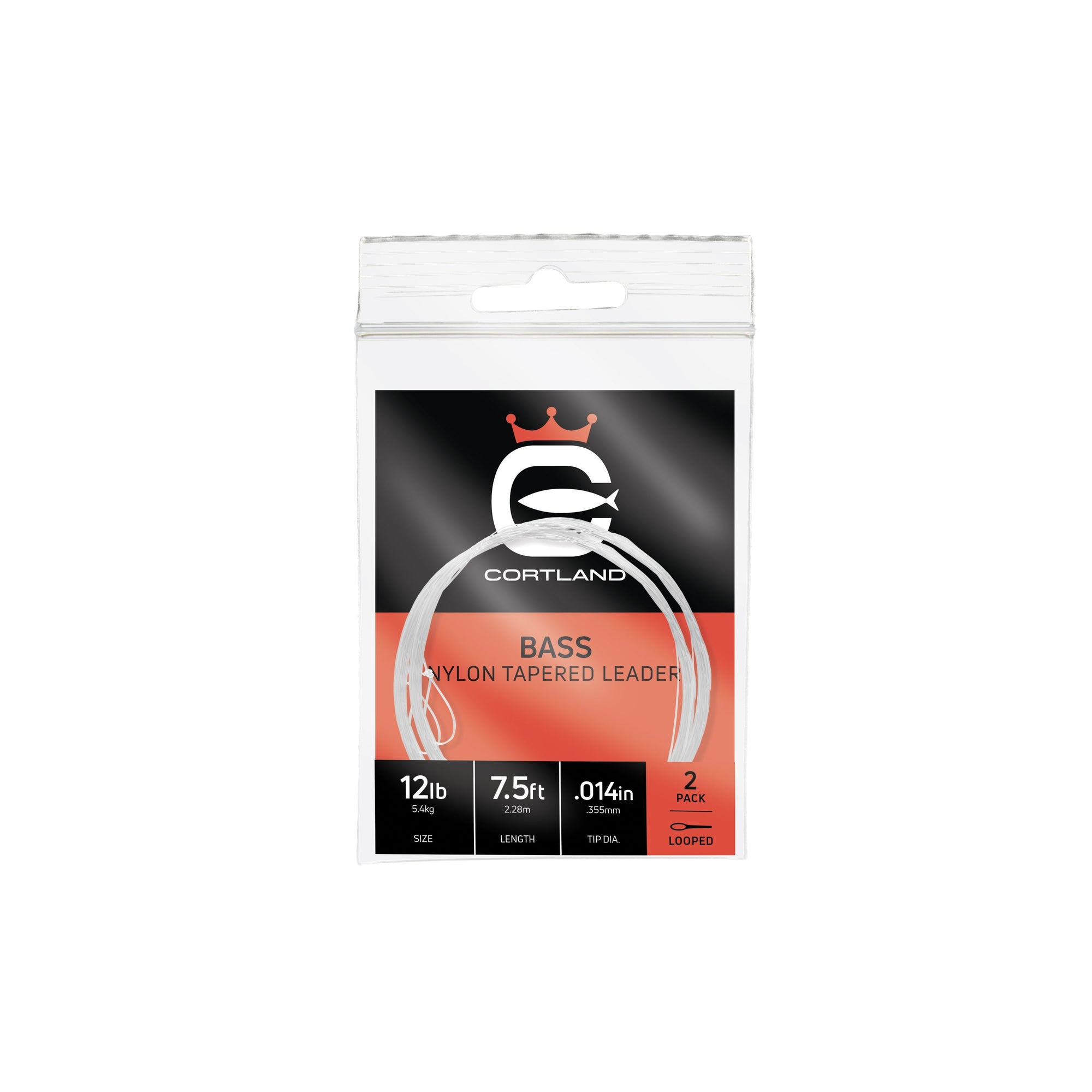 Bass Nylon Tapered Leader in its packaging. The package has the Cortland logo and is black and red.