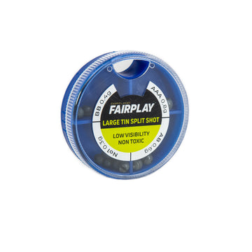 Fairplay Large Tin Split Shot in its blue plastic container