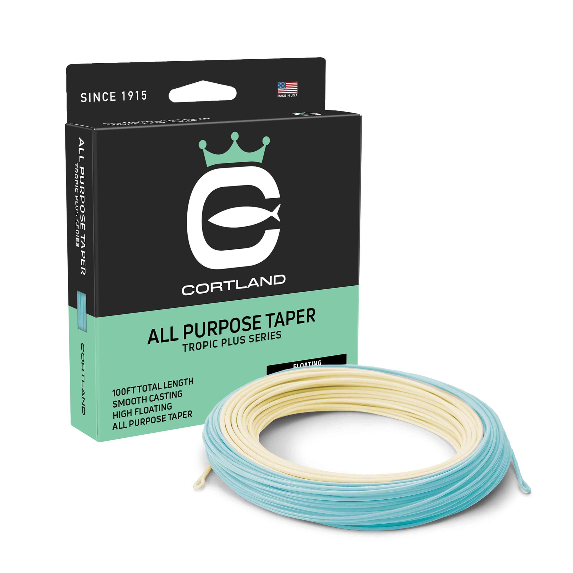 All Purpose Taper Fly Line and Box. The coil is sand and blue. The top of the box is black and the bottom is light blue. The Cortland logo is in the center.
