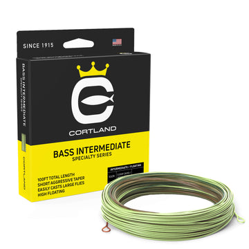 Bass Intermediate Specialty Series Fly Line Box and coil. The coil is clear camo and aqua green. The box has the Cortland logo and is black and yellow. 