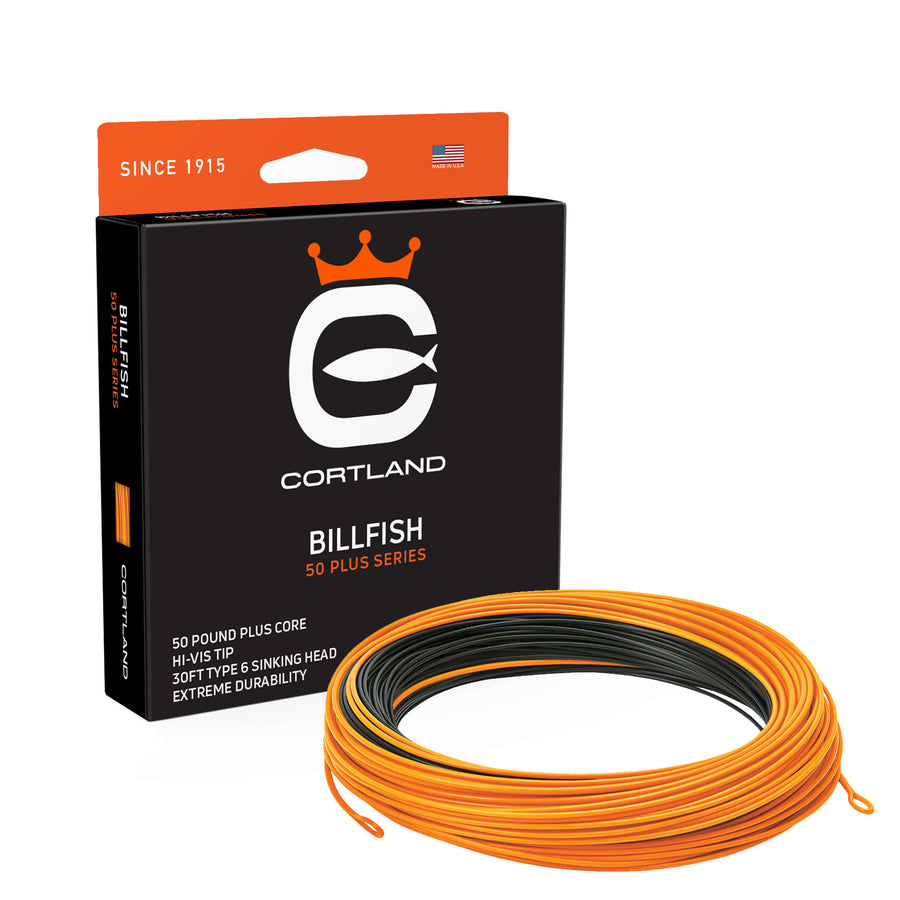 Billfish 50+ Series Fly Line Box and Coil. The coil is orange and black. The box has the Cortland logo and is black and orange. 
