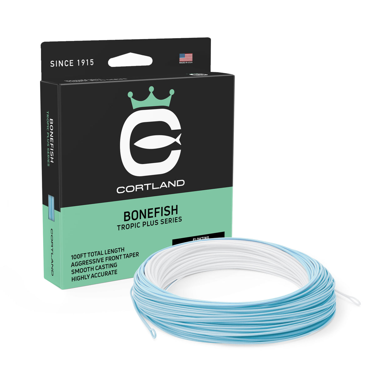 Cortland Bonefish Tropic Plus Series fishing line packaging with a spool of line on a white background