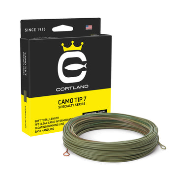 Camo Tip 7 Fly Line Box and coil. The color of the coil is camo and olive. The box is black and white, and has the Cortland logo. 
