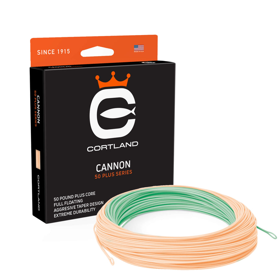 Cannon 50+ Series Fly Line Box and Coil. The coil is seafoam and peach. The box has the Cortland logo and is black and orange.