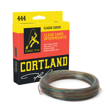 Clear Camo Intermediate Fly Line Box and Coil. The coil is clear camo. The box is black at the bottom, red in the middle, and yellow at the top