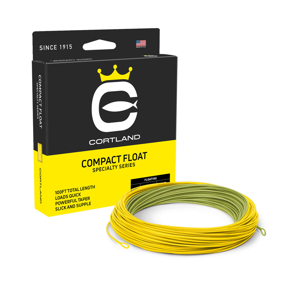 Compact Float Fly Line Box and coil. The coil is green and yellow. The box is black and yellow, and has the Cortland logo. 