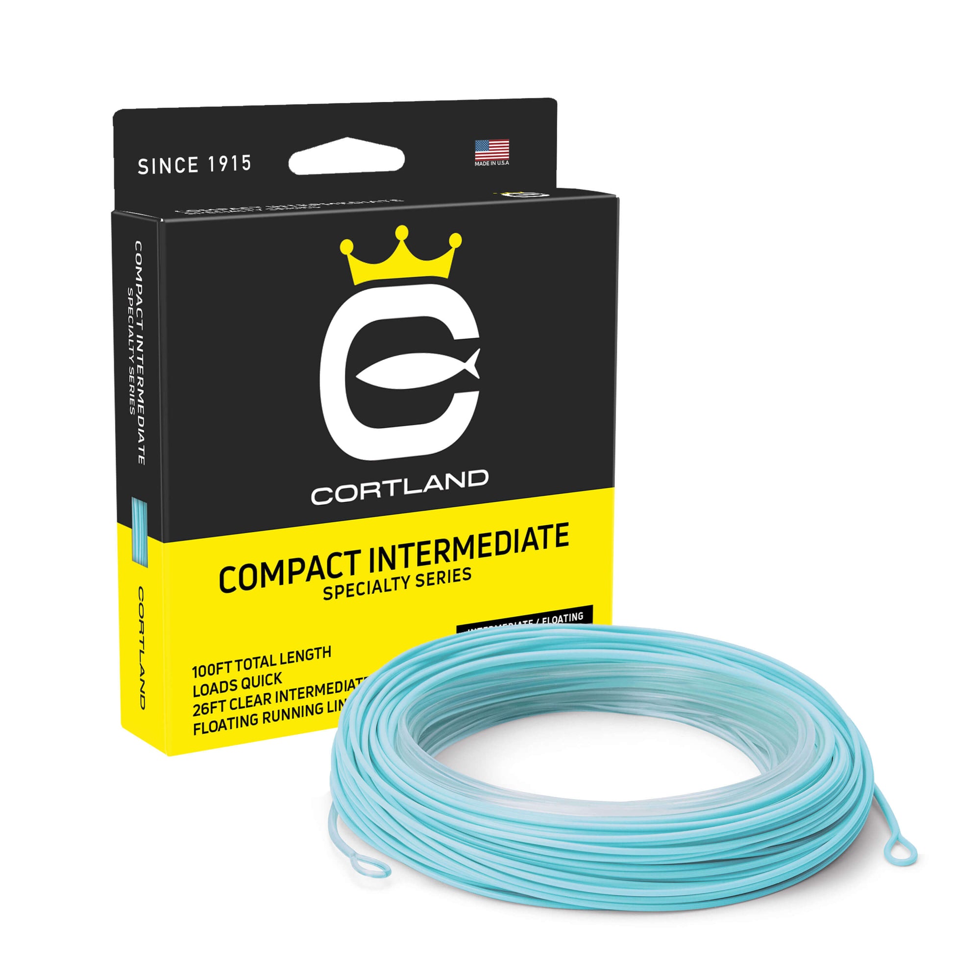 Compact Intermediate Fly Fishing Line and Box. The coil is clear and light blue. The box is black at the top and yellow at the bottom. 