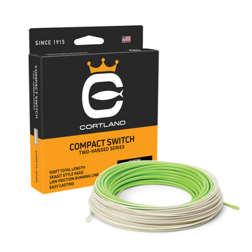Compact Switch Fly Line and box. The coil is lime green and ivory color. The box has the Cortland logo, and is black and bronze