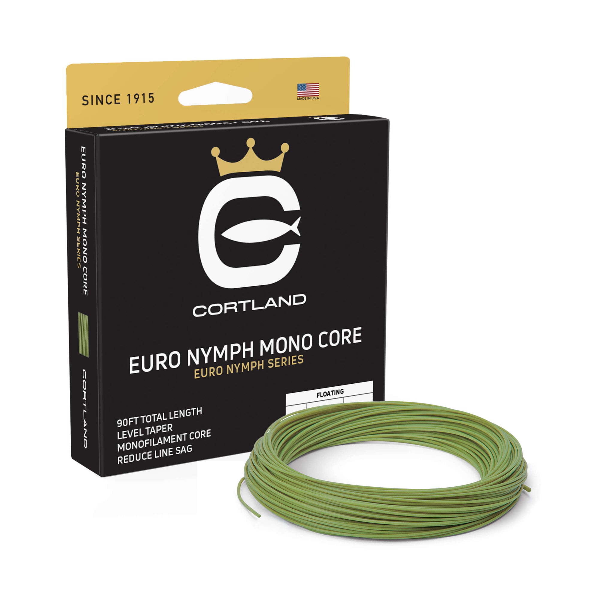Euro Nymph Mono Core Fly Line and Box. The coil is gecko green. The box has the Cortland logo, and is black and bronze