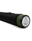 Fishing rod in a black and green case with a label on a white background