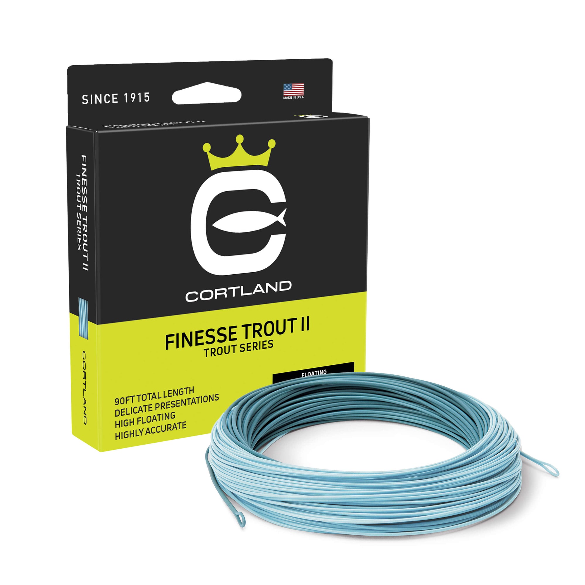 Finesse Trout II box and coil. The color of the coil is heron and light blue. The box has the Cortland logo and is black and greenish yellow.