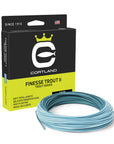 Finesse Trout II box and coil. The color of the coil is heron and light blue. The box has the Cortland logo and is black and greenish yellow.