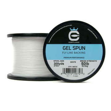 Two Spools of Gel Spun Fly Line Backing - White. One spool is facing the camera show casing the logo and packaging. The other is on its side. 