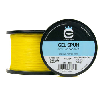 Two spools of Gel Spun Fly Line Backing - Yellow. One spool is facing the camera show casing the logo and packaging. The other is on its side. 