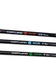 Three Cortland fishing rods with cork handles on a white background