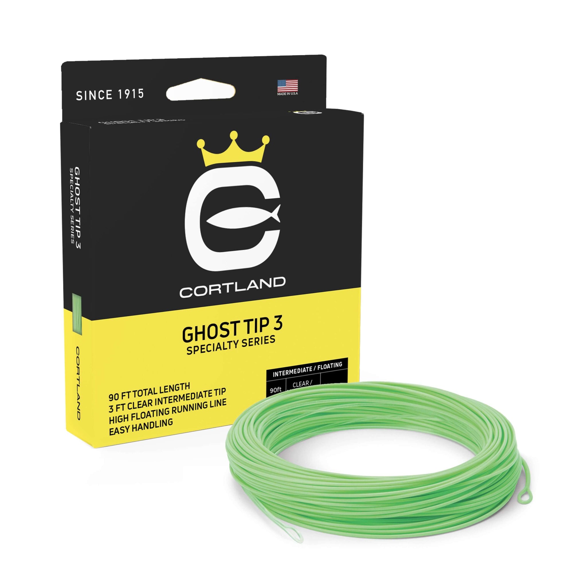 Ghost Tip 3 Fly Line and Box. The line is clear and mint green. The box is black and yellow. 