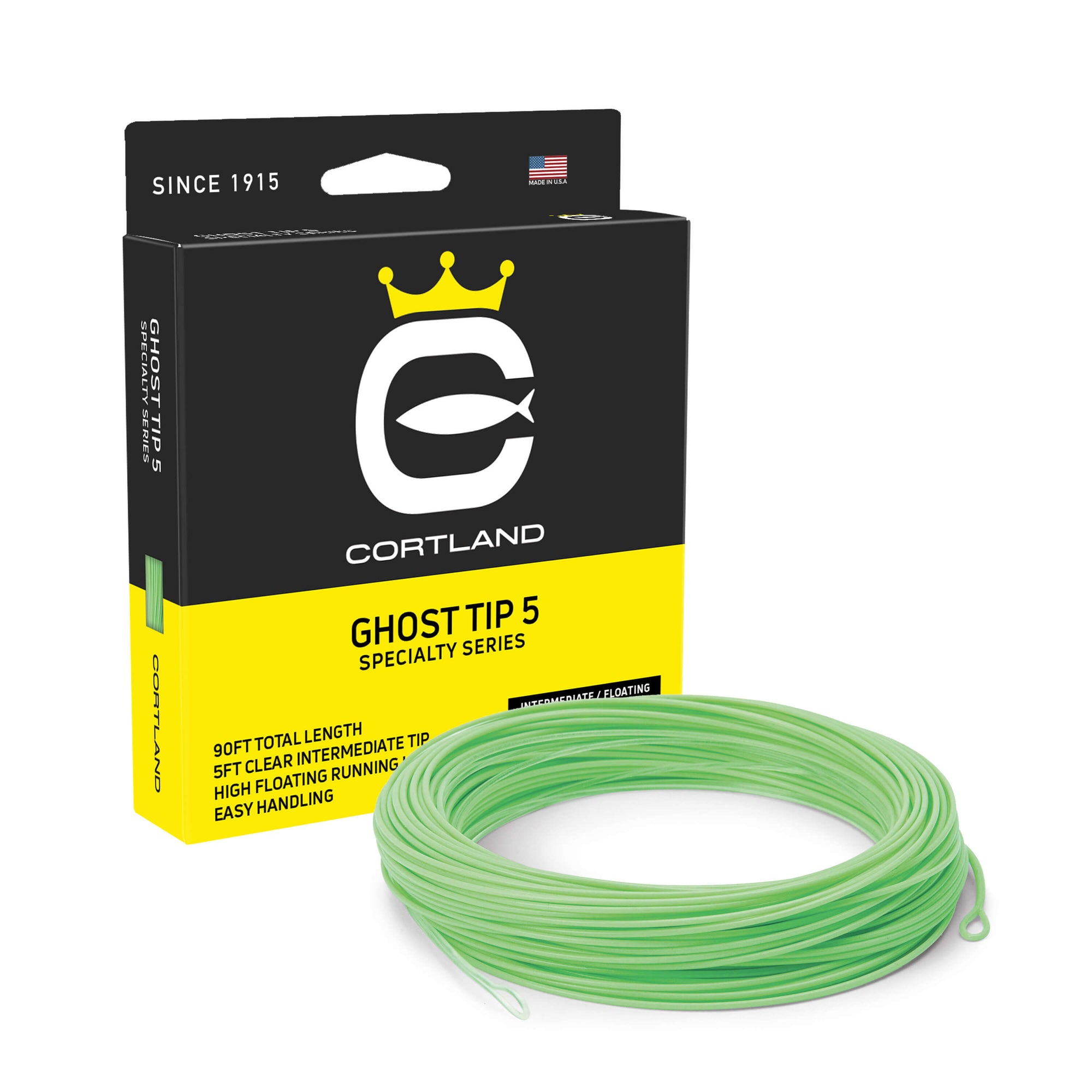 Ghost Tip 5 Fly Line Box and Coil. The coil is clear and mint green. The box is black and yellow. 