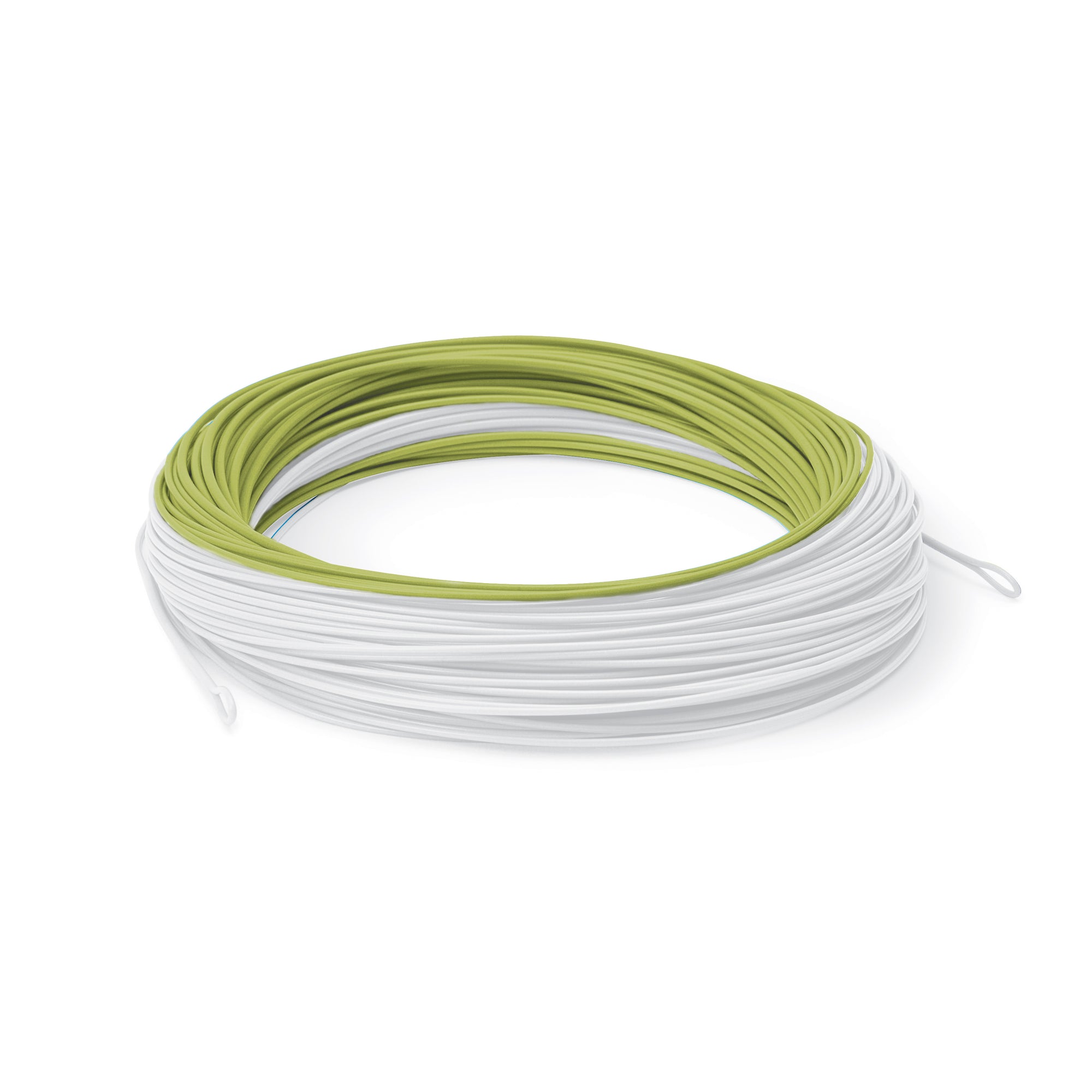 Coiled white and green fishing line on a white background