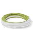 Coiled white and green fishing line on a white background