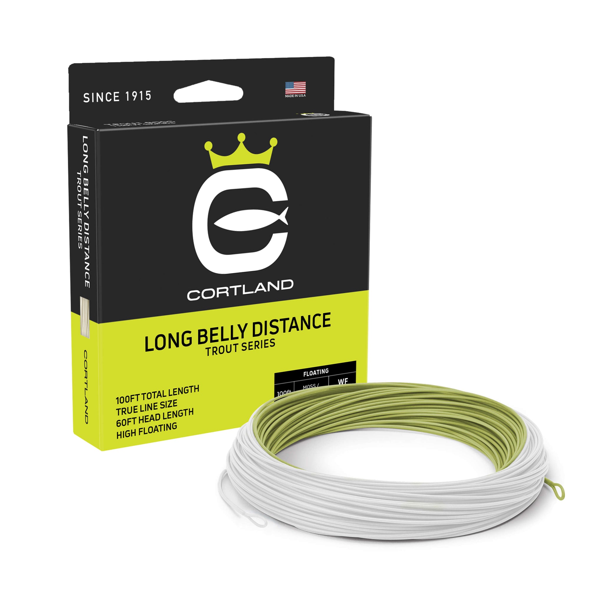 Long Belly Distance fly line box and coil. The color of the coil is moss green and white. The box has the Cortland Logo and is black and greenish yellow.