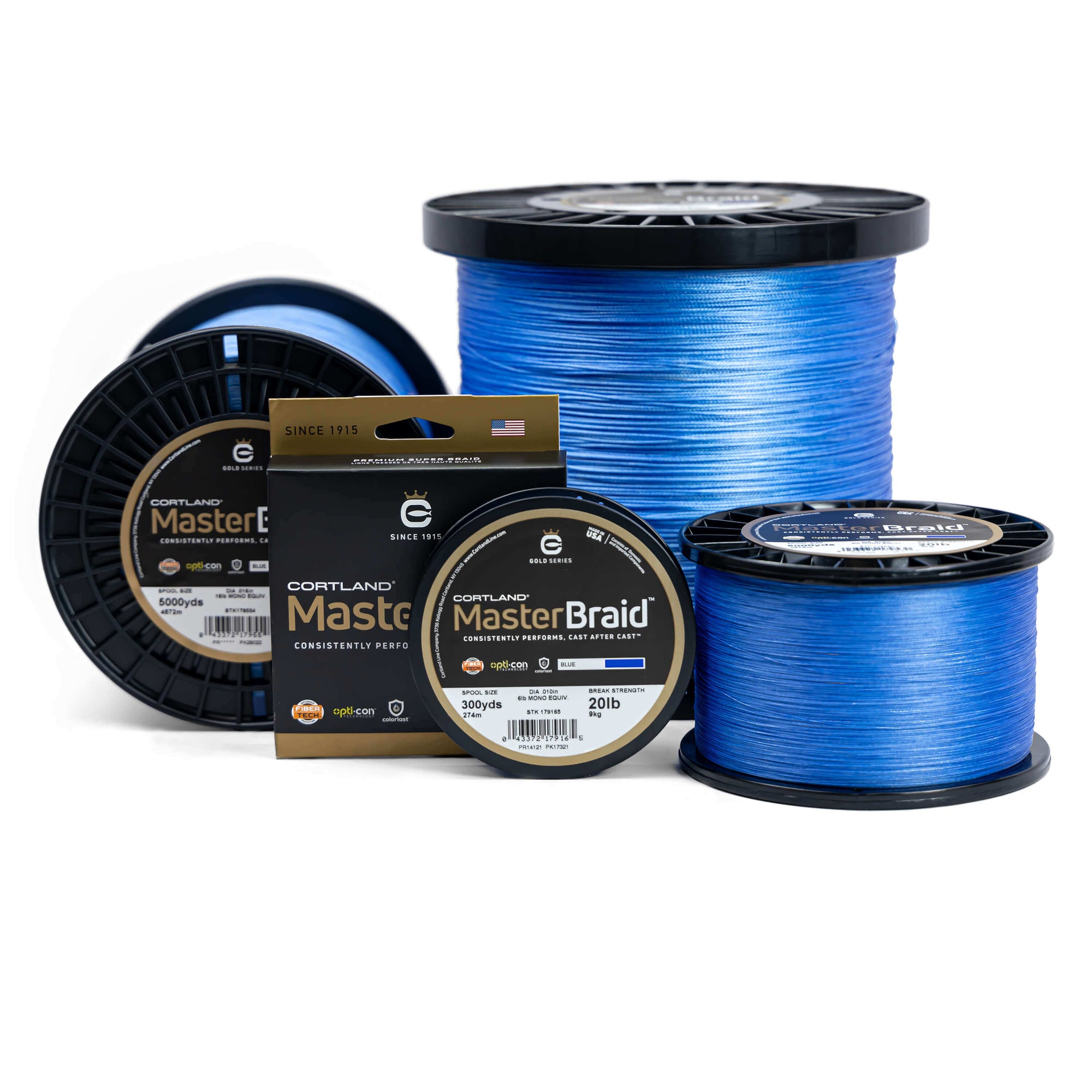 Cortland Master Braid - Blue fishing line. There is four spools in different sizes and one in a box.