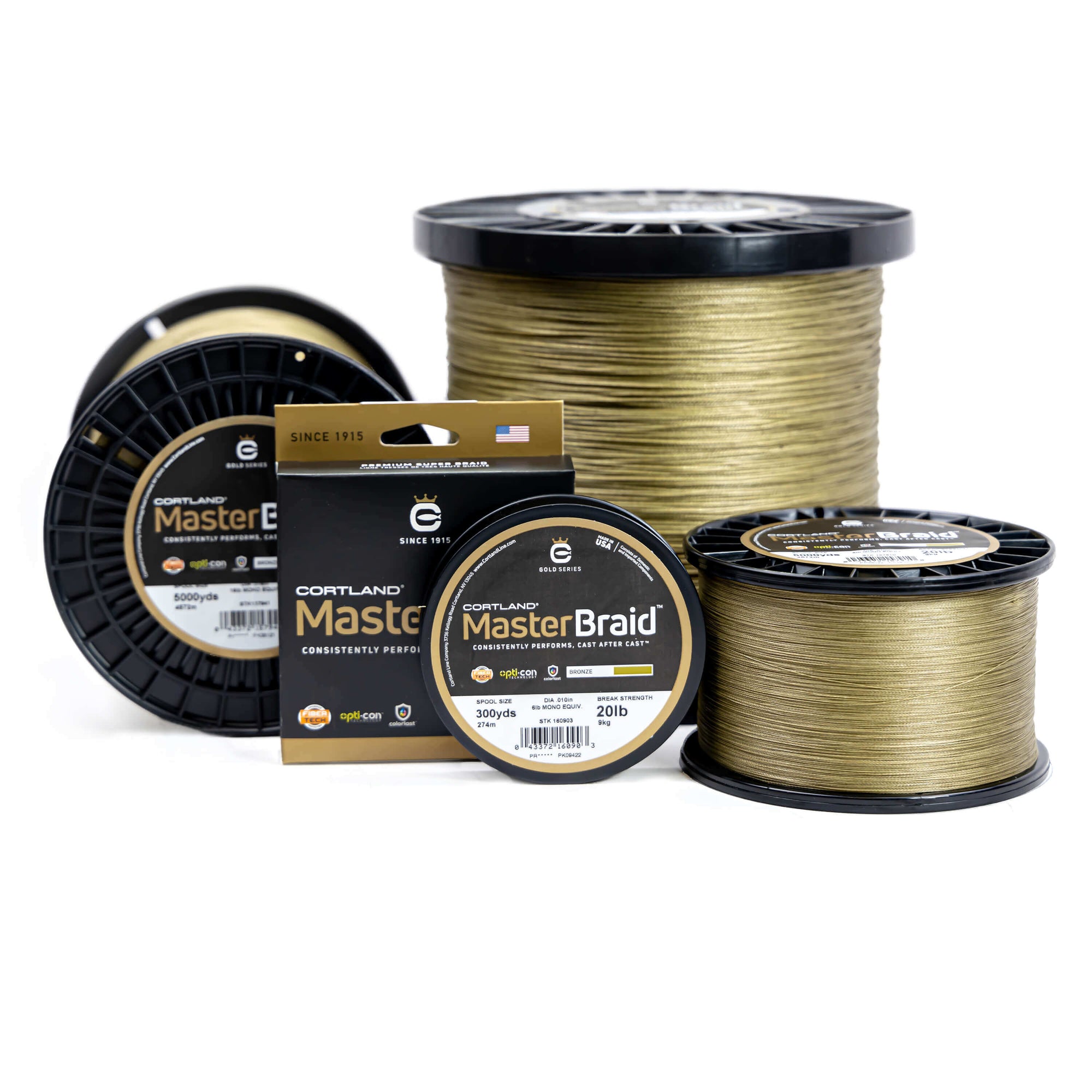 Cortland Master Braid - Bronze fishing line. There is four different spools in different sizes and there is one in a box.