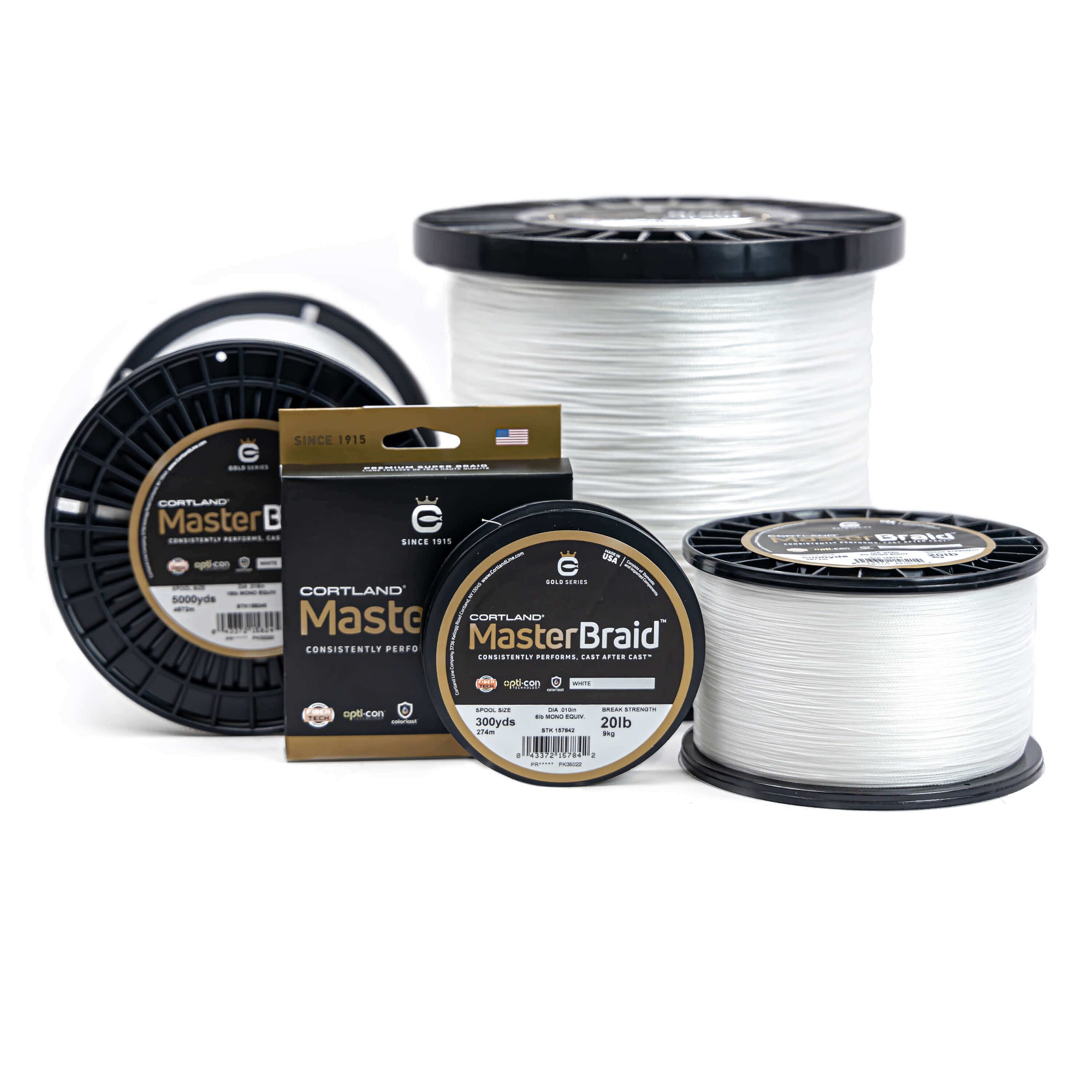 Cortland Master Braid - White fishing line. There is four spools in different sizes and one in a box.