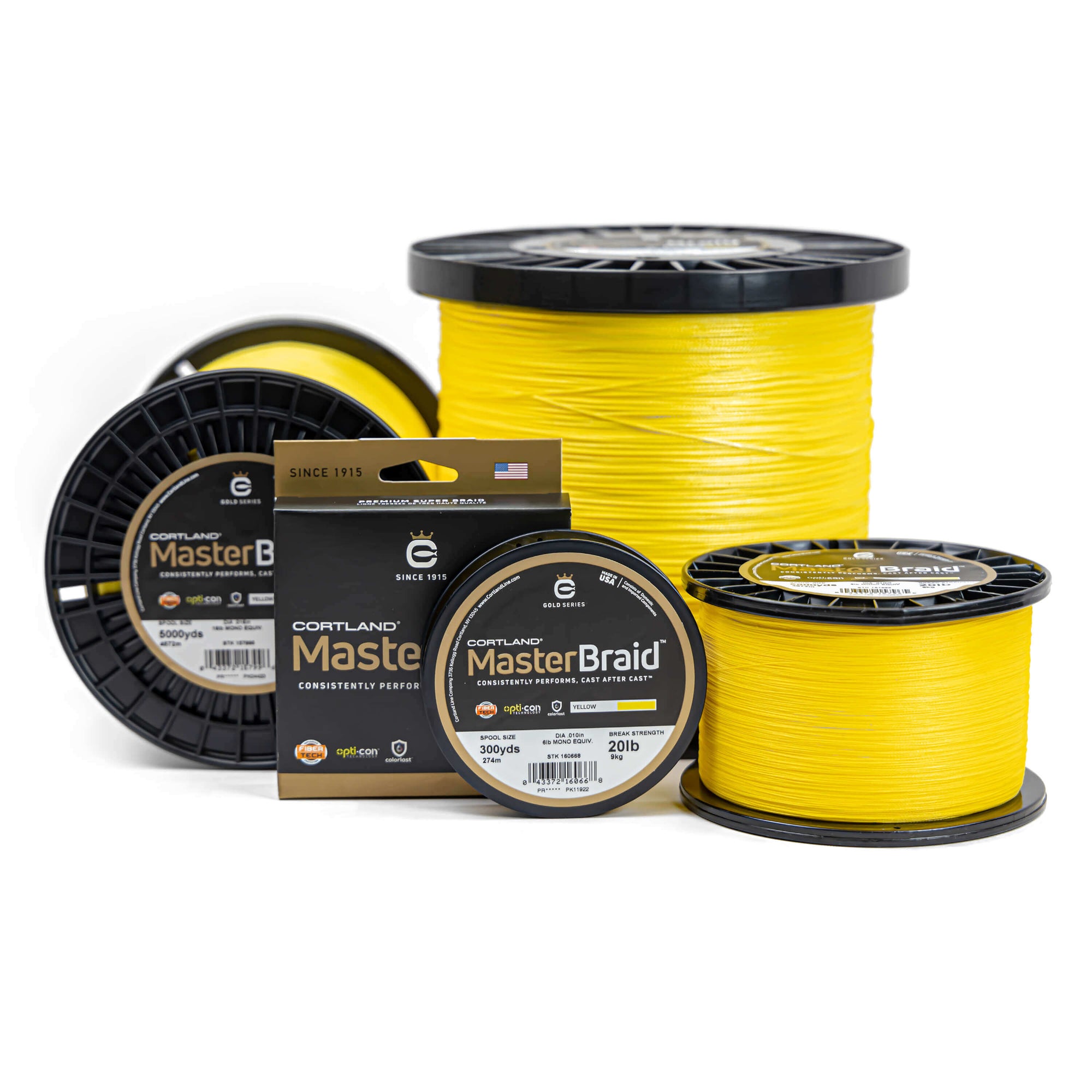 Cortland Master Braid - Yellow fishing line. There is four spools in different sizes and one in a box.