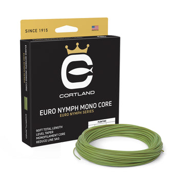 Euro Nymph Mono Core Euro Nymph Series Fly Line Box and Coil. The coil is gecko green. The box is black and bronze, and has the Cortland logo