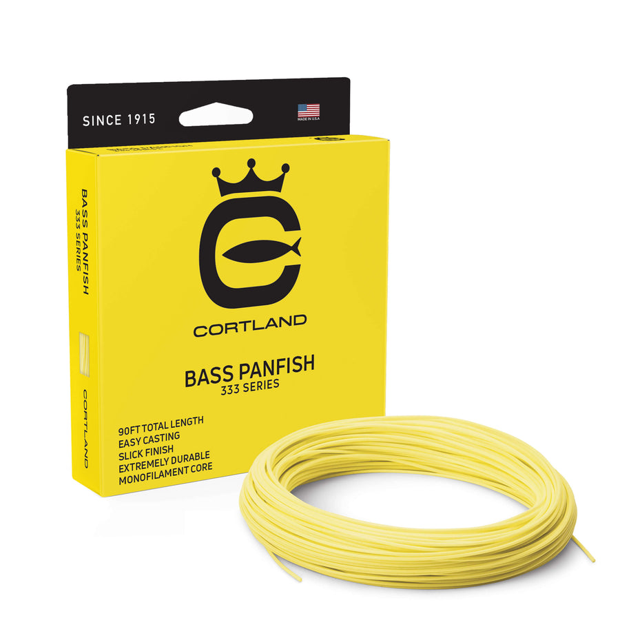 Bass Panfish 333 Series Box and Fly Line. The coil is yellow. The box is also yellow and the Cortland logo is black. 