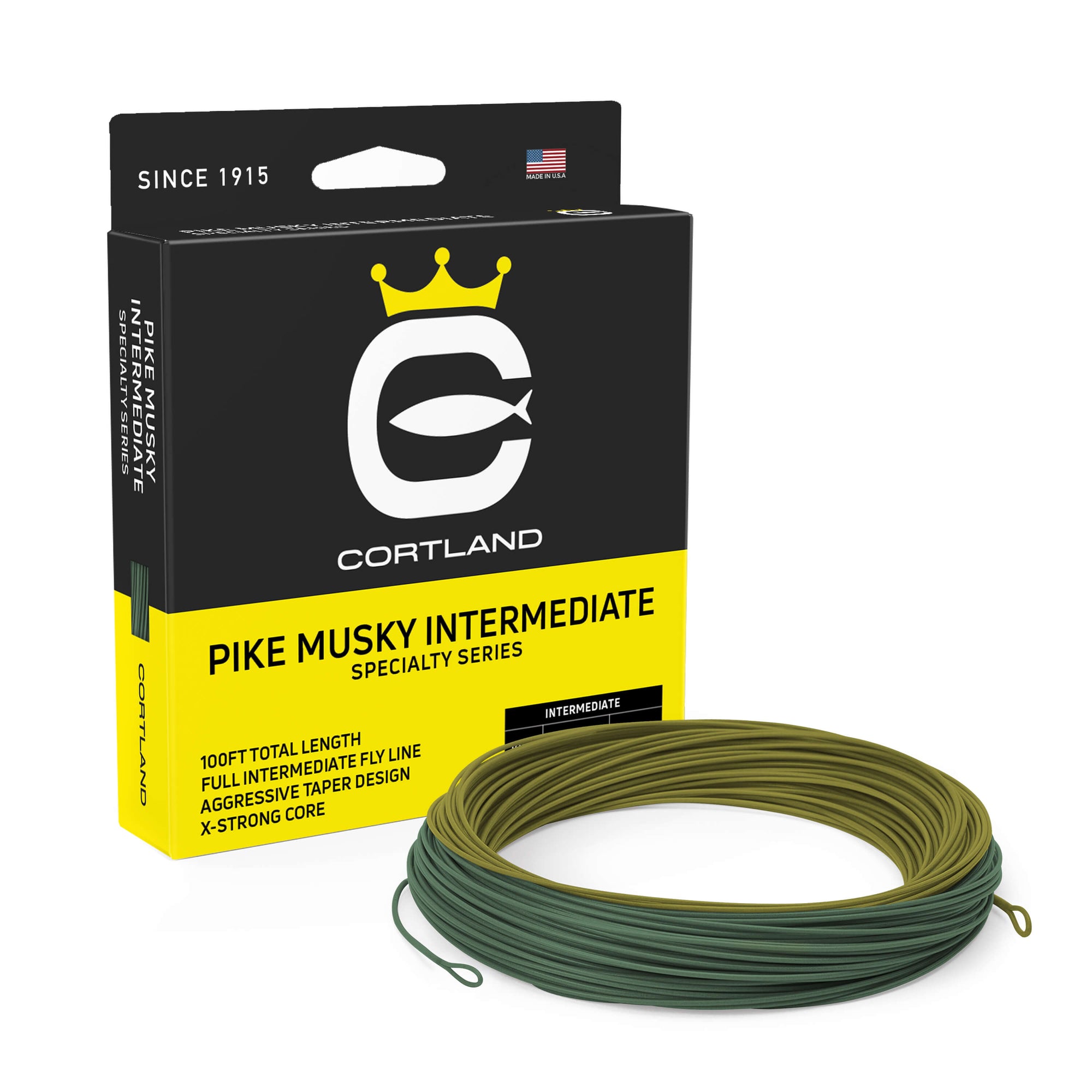 Pike Musky Intermediate Fly Line Box and Coil. The coil is olive and green. The box has the Cortland logo and is black and yellow.