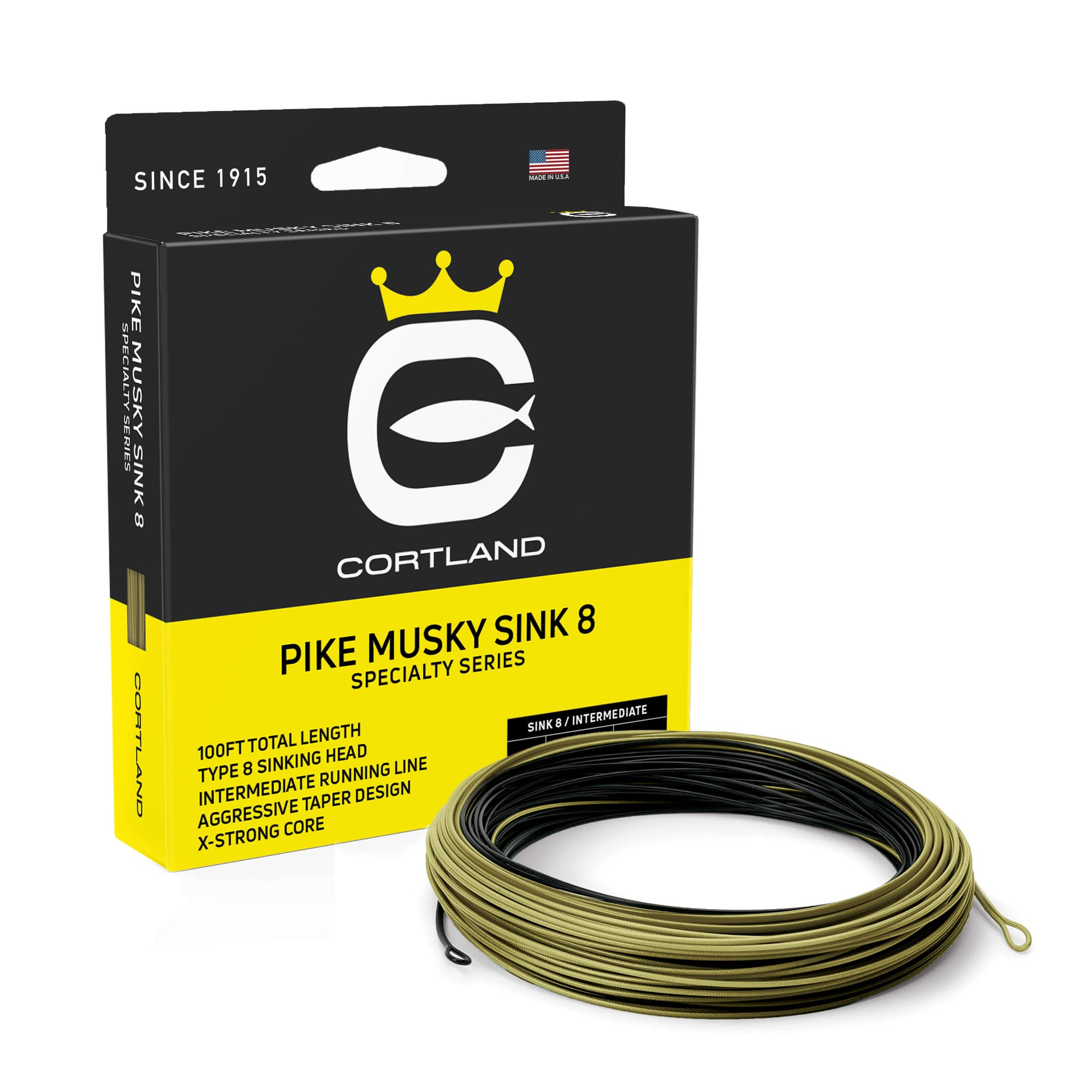Pike Musky Sink 8 Fly Line and Box. The coil is black and olive. The box has the Cortland logo and is black and yellow.