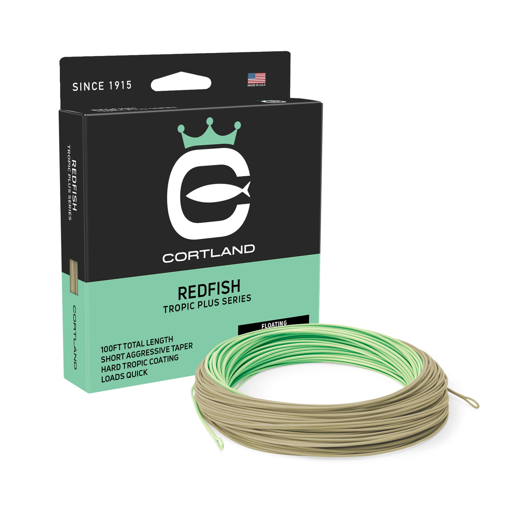 Redfish Fly Line Box and Coil. The coil is seafoam green and tan. The box is black at the top and light blue at the bottom. 