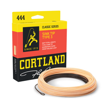 444 Series Sink Tip Type 3 Fly Line and Box. The line is brown and peach. The box is yellow at the top, red in the middle, and black at the bottom