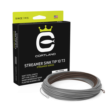 Streamer Sink Tip 10 T3 Fly Line Box and coil. The coil is brown and grey. The box has the Cortland logo and is black and neon green.