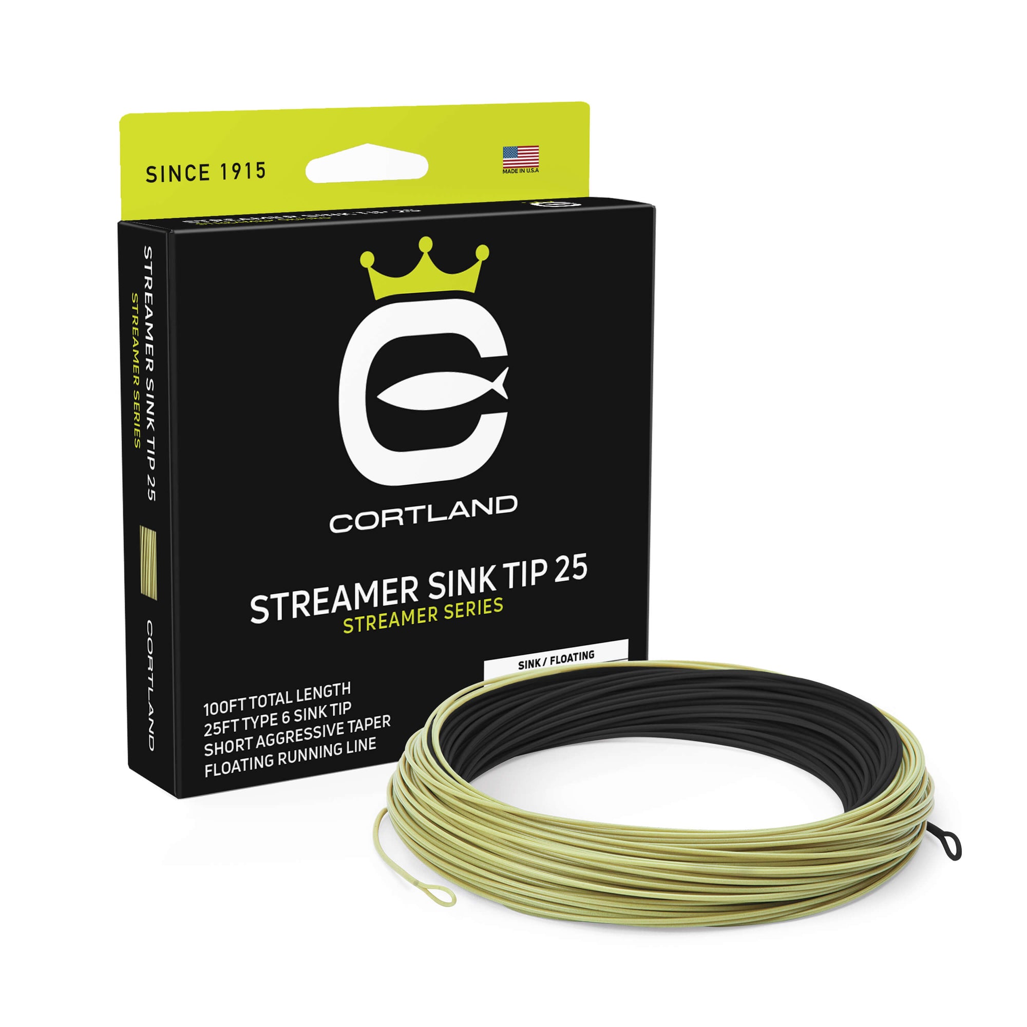 Streamer Sink Tip 25 Fly Line Box and Coil. The coil is black and sage. The box has the Cortland Logo and is black and neon green at the top.