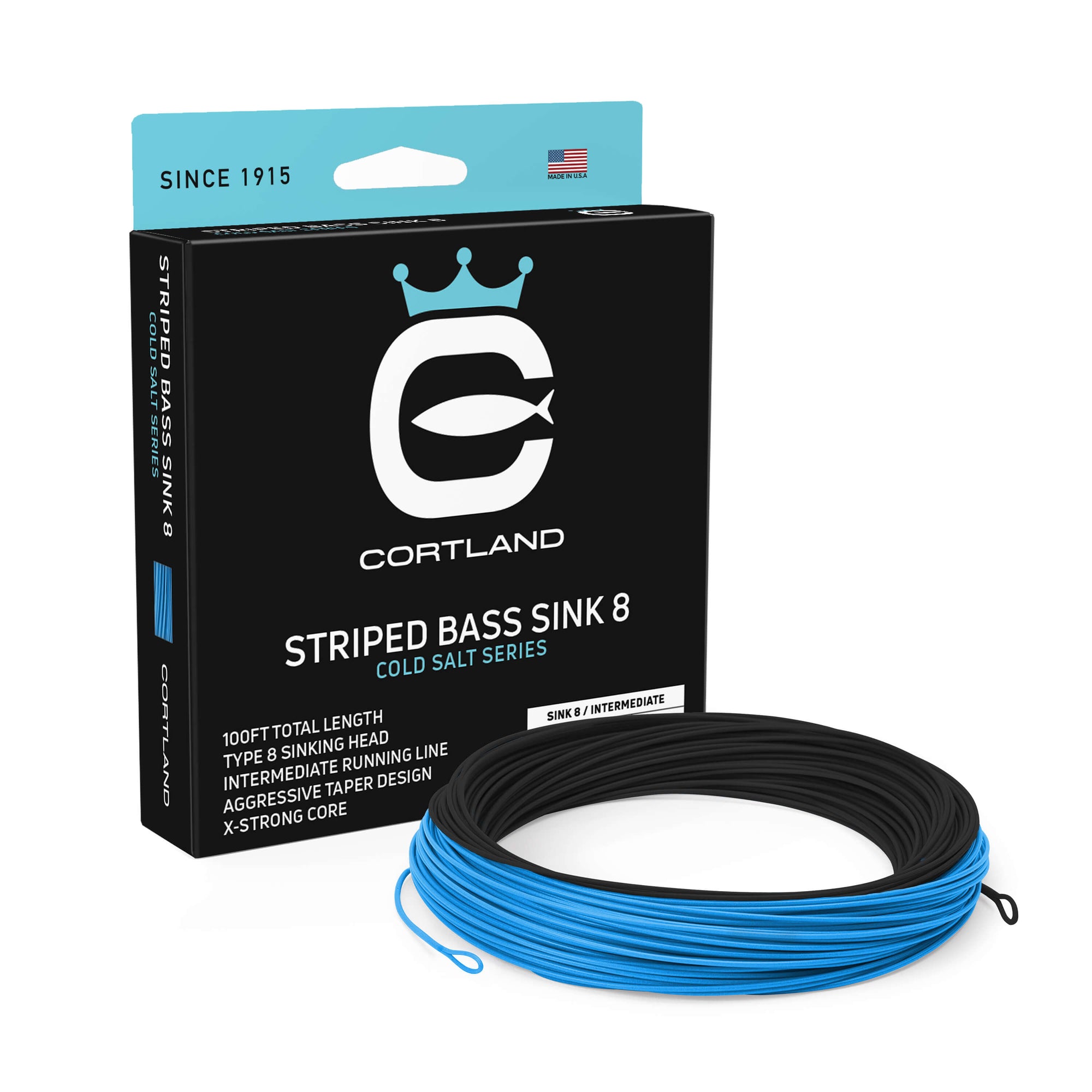 Striped Bass Sink 8 Fly Line Box and Coil. The coil is black and ice blue. The box is black and light blue at the top. 