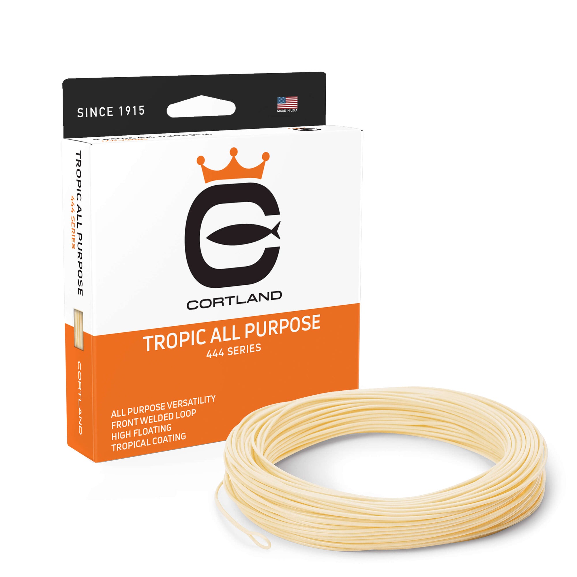 Tropic All Purpose Fly Line and Box. The coil is sand color. The box is orange at the bottom, white in the middle, and black at the top.