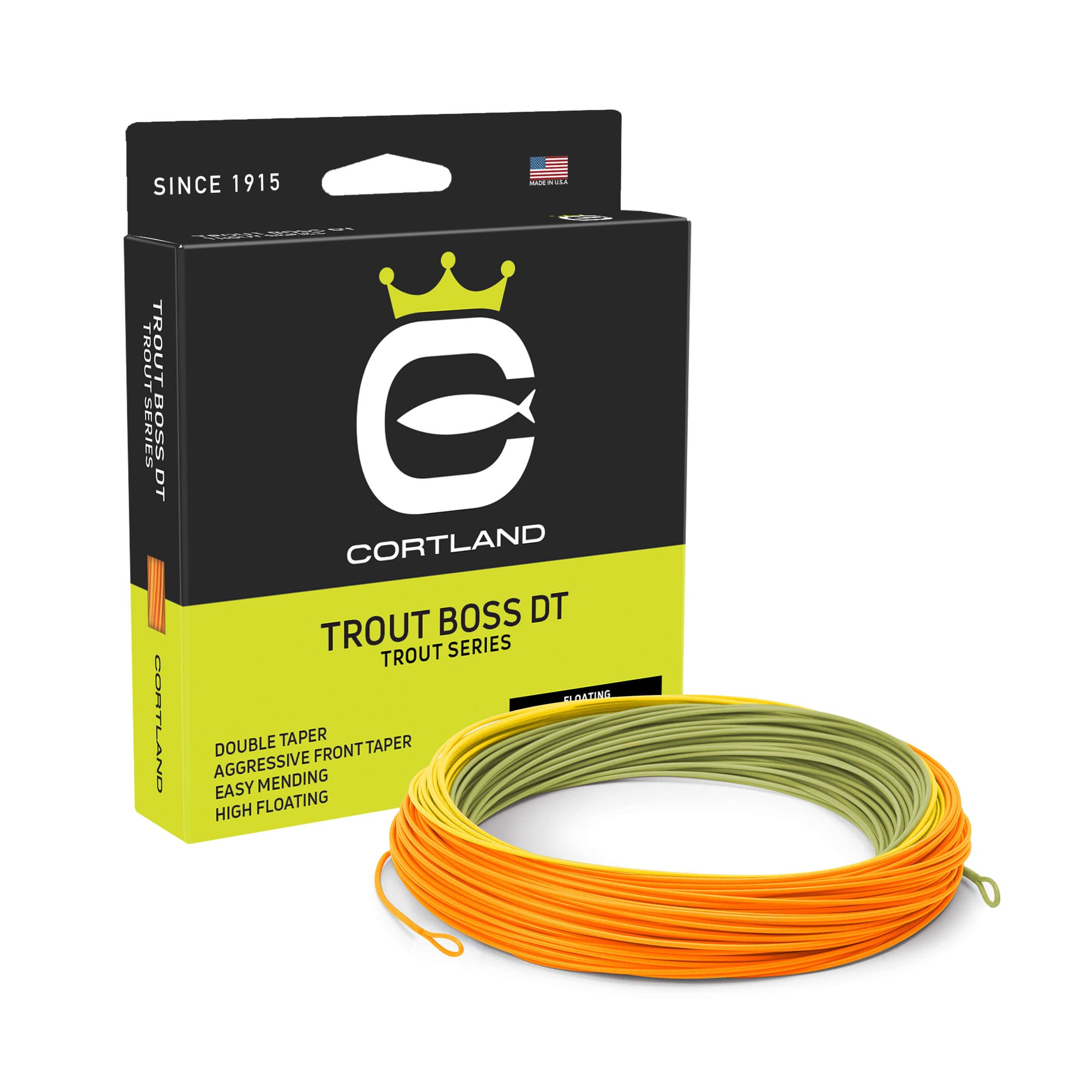 Trout Boss DT box and coil. The coil is moss green, yellow, and orange. The box has the Cortland logo and is black and greenish yellow. 