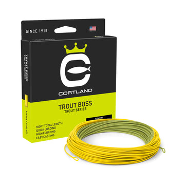 Trout Boss Green and Yellow Fly Line Box and coil. The coil is green and yellow. The box is black and yellowish green, and has the Cortland logo
