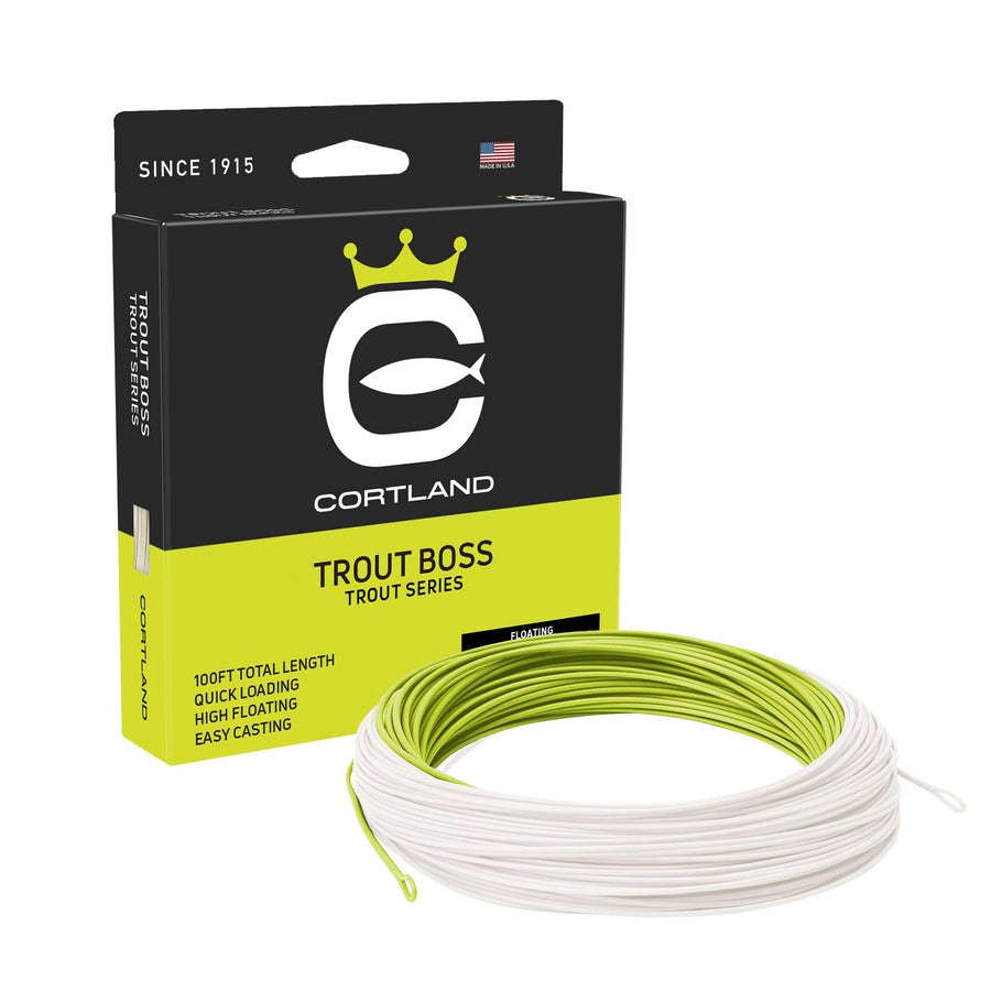 Trout Boss Chartreuse / White Fly Line Box and coil. The coil is chartreuse and white. The box is black and yellowish green, with the Cortland logo